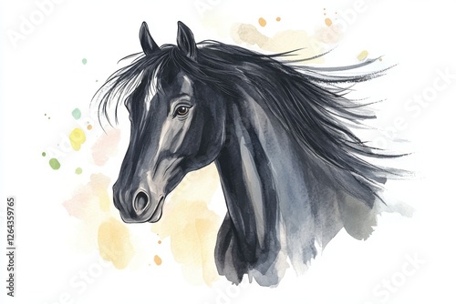 A beautiful watercolor painting of a majestic black horse with flowing mane, capturing the elegance and spirit of these magnificent creatures.