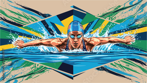 Adobe Illustrator Artwork Atlet Swimming in Blue Water background full color vibrant cool