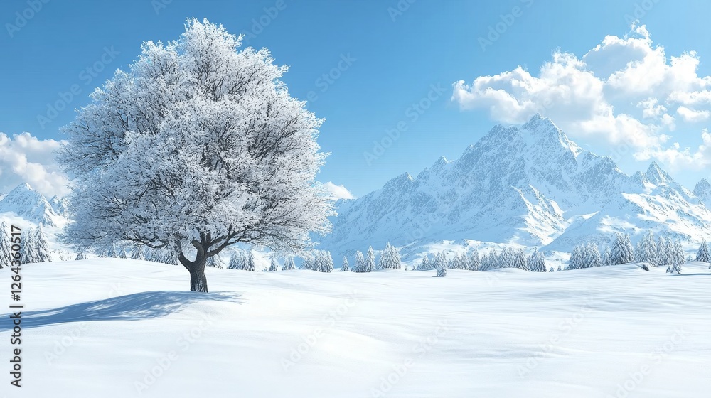 Obraz premium Serene Winter Landscape: Snow Covered Tree and Majestic Mountains under a Clear Blue Sky