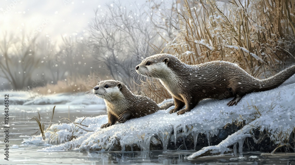 Obraz premium Two otters playfully interact on a snowy bank near a calm river, surrounded by tall grasses. A serene winter scene showcasing wildlife in nature.