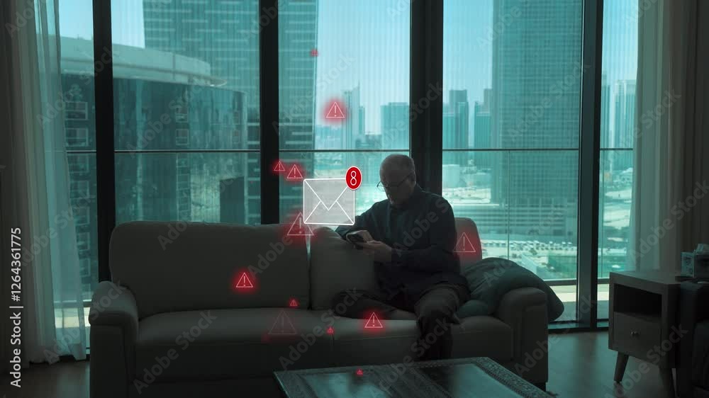 Senior man receives warning on his smartphone that emails being received be phishing, malware, or a virus - 3d animation