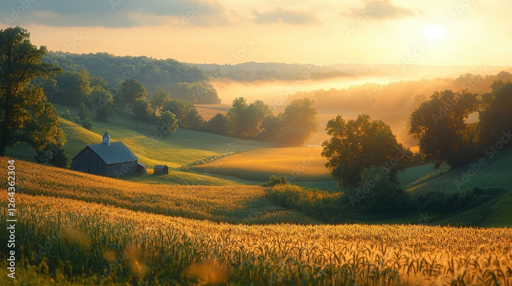 Serene sunrise over golden fields with a rustic barn, showcasing a tranquil rural landscape Serene sunrise over golden fields with a rustic barn, showcasing a tranquil rural landscape