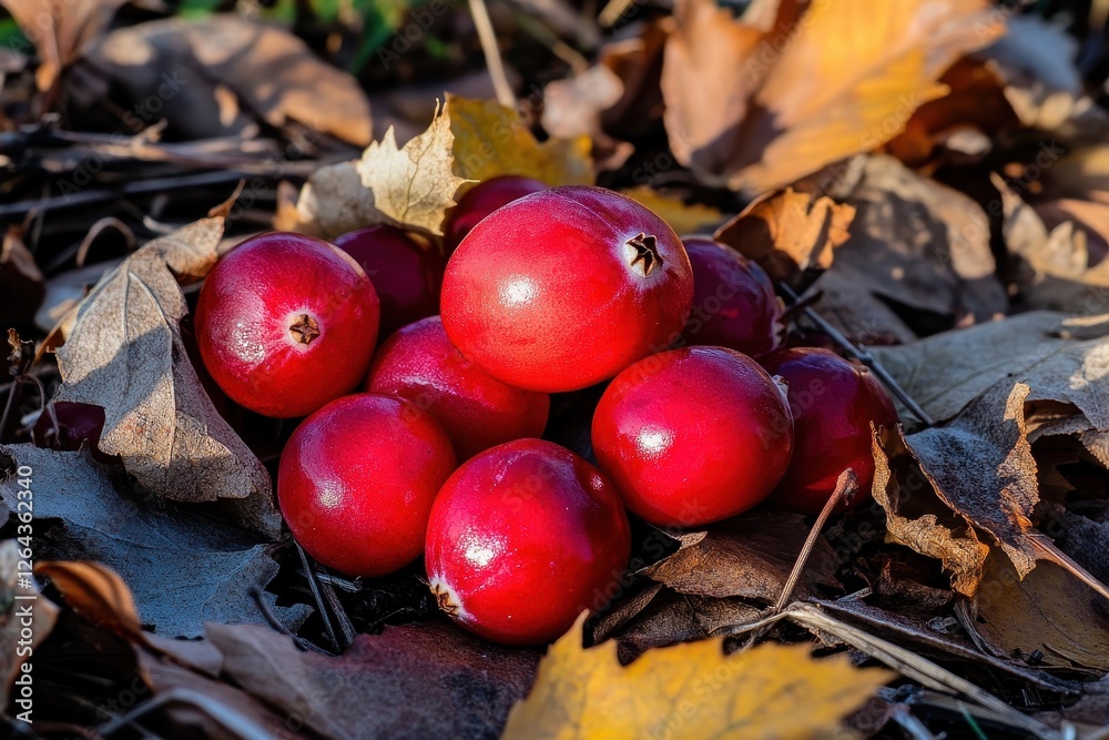 Fresh Red Cranberries Surrounded by Autumn Leaves in Nature Setting Fresh Red Cranberries Surrounded by Autumn Leaves in Nature Setting