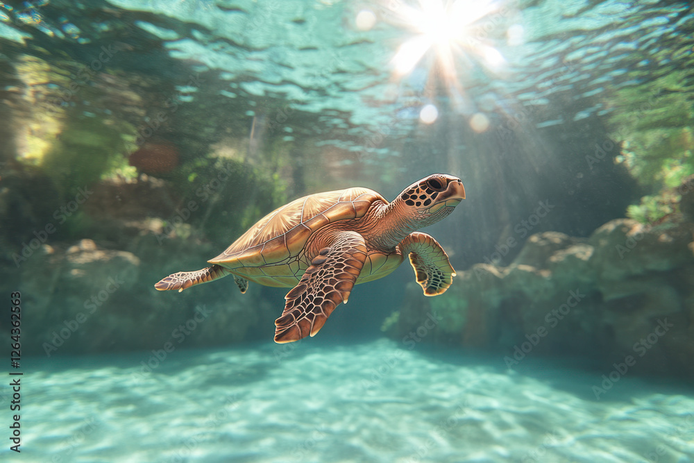 Fototapeta premium Majestic sea turtle gliding gracefully through crystalline waters under sunlight