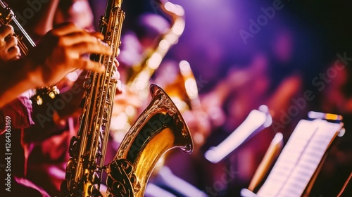 Musicians Playing Jazz Instruments on Stage in Colorful Lighting