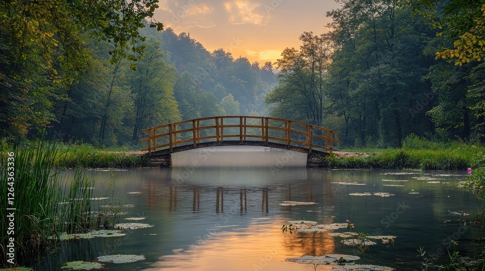 Fototapeta premium Serene wooden bridge over calm waters at sunset, surrounded by lush greenery and reflections