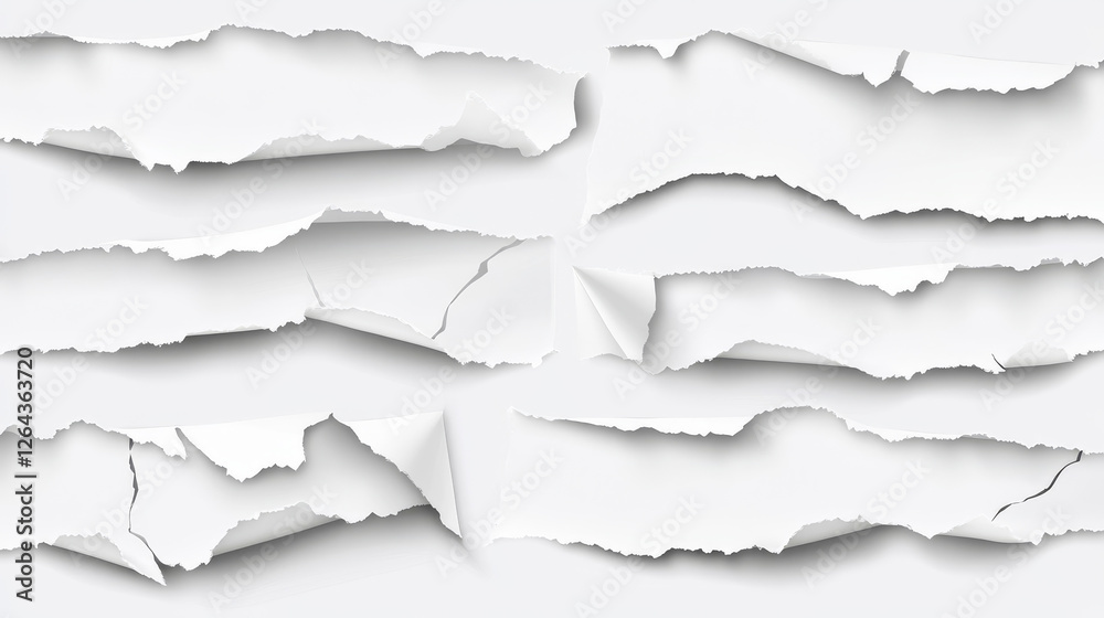 White ripped paper strips, realistic scraps with torn ragged edges. Sticky notes, shreds of notebook pages, seamless borders design elements isolated on transparent background, 3d Vector illustration White ripped paper strips, realistic scraps with torn ragged edges. Sticky notes, shreds of notebook pages, seamless borders design elements isolated on transparent background, 3d Vector illustration
