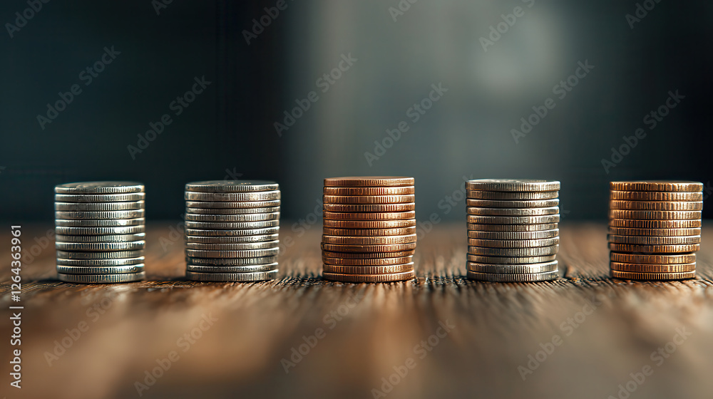 Stacks of coins in varying heights on wooden surface, symbolizing financial growth and investment. image conveys sense of stability and economic progress Stacks of coins in varying heights on wooden surface, symbolizing financial growth and investment. image conveys sense of stability and economic progress