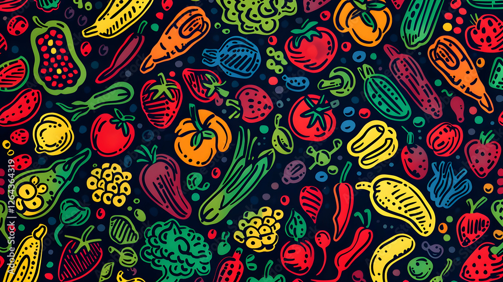 Colorful hand-drawn illustration of various vegetables and fruits on a dark background, perfect for food-related designs Colorful hand-drawn illustration of various vegetables and fruits on a dark background, perfect for food-related designs