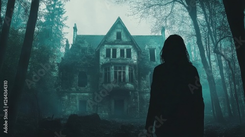 Mysterious Figure Standing in Front of Abandoned Haunted House