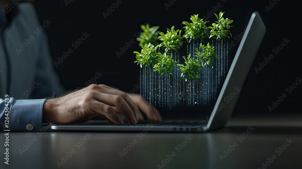 © KM - Innovative environmental analyst working on laptop with digital plants. image symbolizes technology and sustainability in modern workspace © KM - Innovative environmental analyst working on laptop with digital plants. image symbolizes technology and sustainability in modern workspace