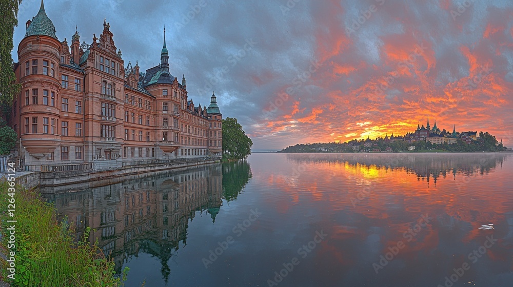 Naklejka premium Majestic Sunrise over Lake with Castle Reflection