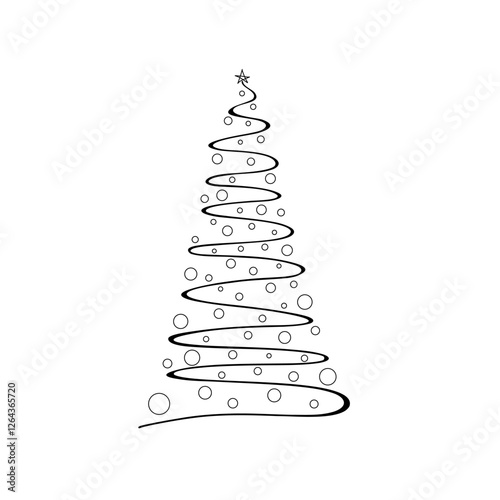 A marker-drawn Christmas tree with a star and toys isolated on a white background. Black and white graphic linear illustration. An element for a holiday, greetings