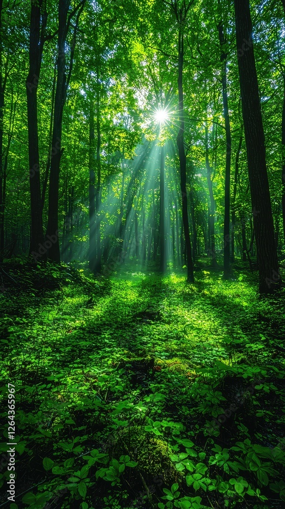 Naklejka premium Sunlight filtering through dense green forest, illuminating lush undergrowth and trees