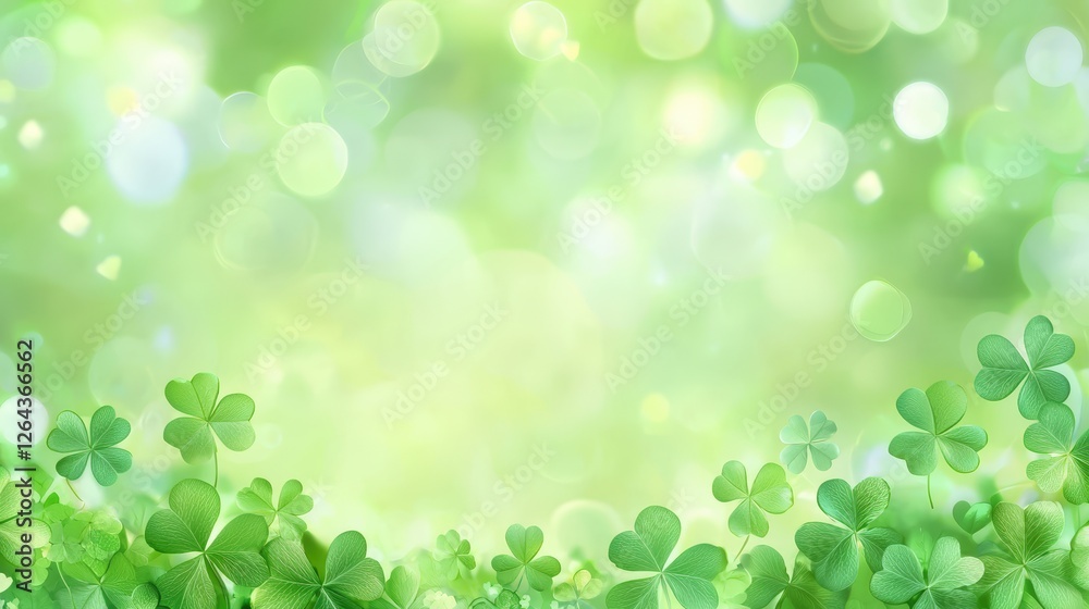 A vibrant green background adorned with lush clovers and sparkling bokeh lights, evoking a fresh, natural atmosphere.