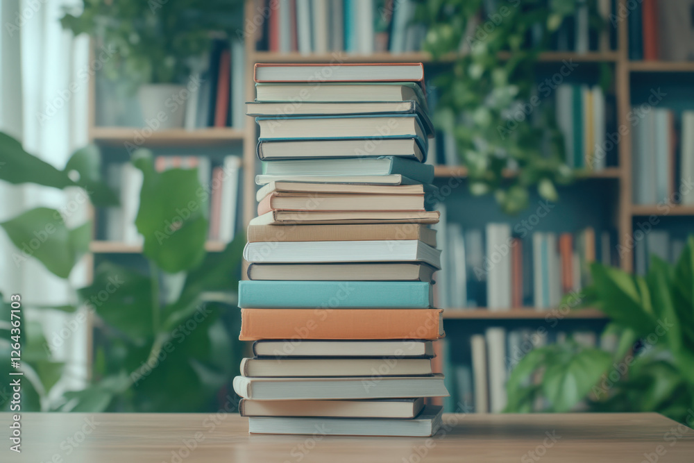 Colorful stack of books arranged on a wooden table in a cozy interior surrounded by green plants and shelves Colorful stack of books arranged on a wooden table in a cozy interior surrounded by green plants and shelves