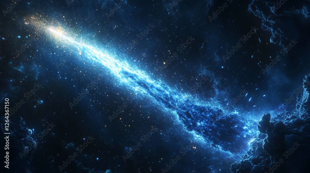 Fototapeta premium Shooting star arc light with magic neon curve. Glitter flare arch line trail. Blue dust sparkle glowing from meteor flying at night. Twinkle burst transparent element motion isolated tail set