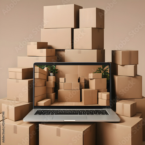 E-commerce and Online Retail: A laptop displays an image of numerous cardboard boxes, mirroring the actual stack of boxes surrounding it.