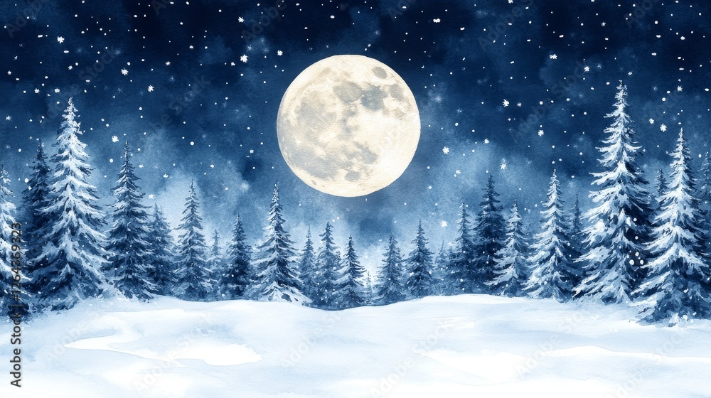 Fototapeta premium Enchanted Winter Night: Full Moon over Snow Covered Pine Forest