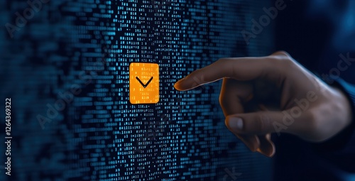 Hand Pressing Orange Checkmark on Digital Code Background