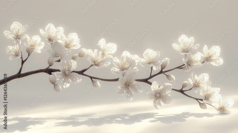 Delicate white cherry blossom branch with soft lighting against a neutral background Delicate white cherry blossom branch with soft lighting against a neutral background