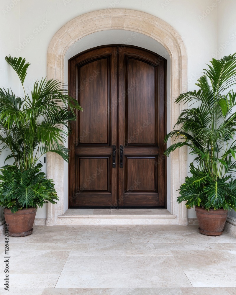 Fototapeta premium A beautiful wooden double door framed by lush green potted plants, set against a light-colored stone pathway.