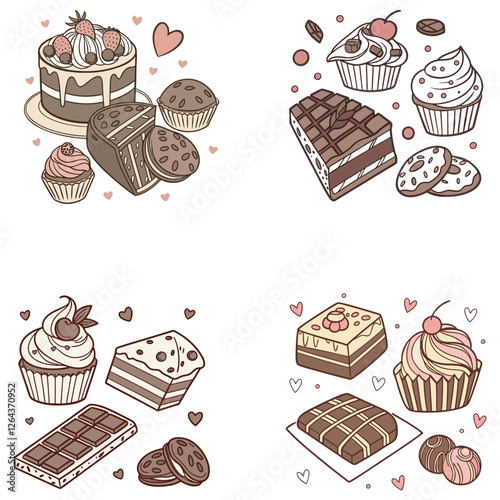 Carton-style vector, set of chocolate sweets. All uses of chocolate. Cocoa bean in cooking. Delicious food, cheat meal day vector illustration.