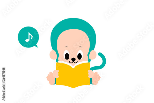 読書をする、かわいいおさるさんのベクターイラスト　カラフル