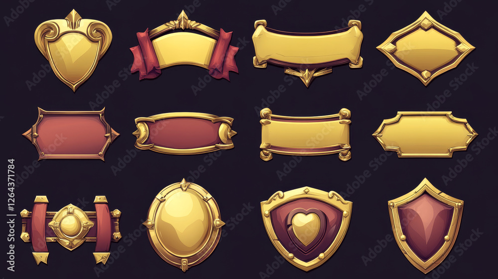 Medieval buttons, ui game menu elements, gold metal oblong banners and ornate rims. Empty royal gui bars for rpg or arcade, golden borders, web design interface Cartoon 3d vector illustration, set Medieval buttons, ui game menu elements, gold metal oblong banners and ornate rims. Empty royal gui bars for rpg or arcade, golden borders, web design interface Cartoon 3d vector illustration, set