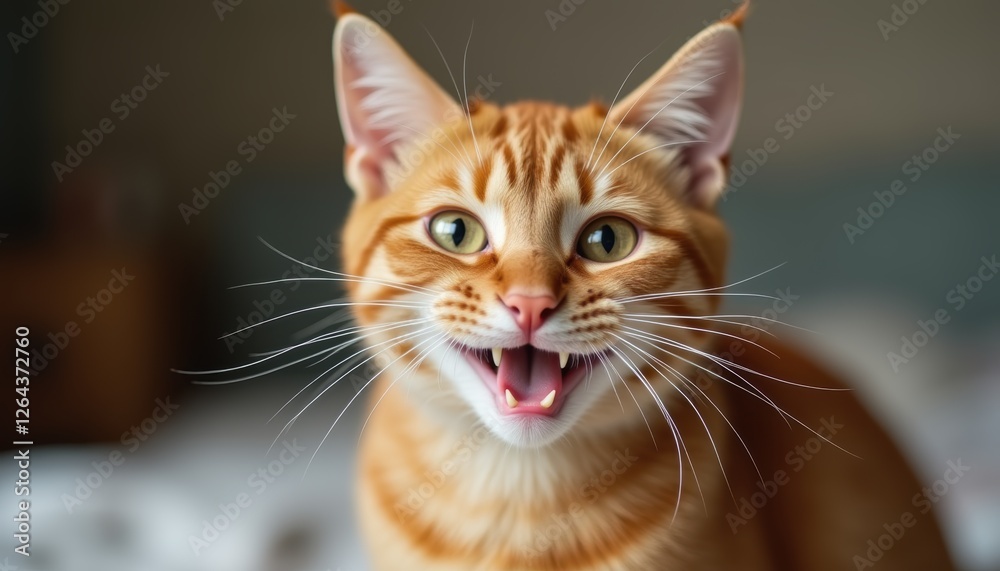 Ginger kitty smiling with a funny expression, Red background complements the pet's features. Ginger kitty smiling with a funny expression, Red background complements the pet's features.