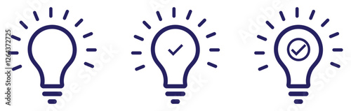  Minimalist light bulb icon with check mark symbolizing idea validation innovation and decision making. Light bulb idea icon. Creative innovation symbol. Business inspiration logo. Vector illustration