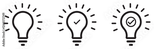 Light bulb idea icon collection set. Creative innovation symbol. Business inspiration logo. Idea validation check mark. Smart thinking concept. Bright idea vector design. Vector illustration