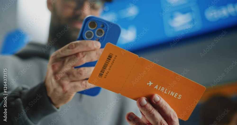 International Airport Terminal: Close Up of Man Scanning Plane Ticket Using Smartphone to Check Flight Information. Traveler Going on Trip. Passengers and Arrival Departure Screen in the Background.