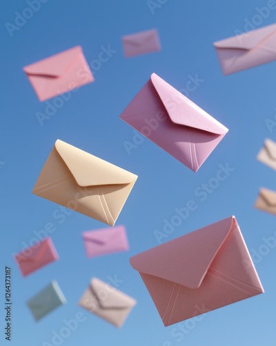 Colorful envelopes float against a clear blue sky, creating a whimsical and uplifting scene.
