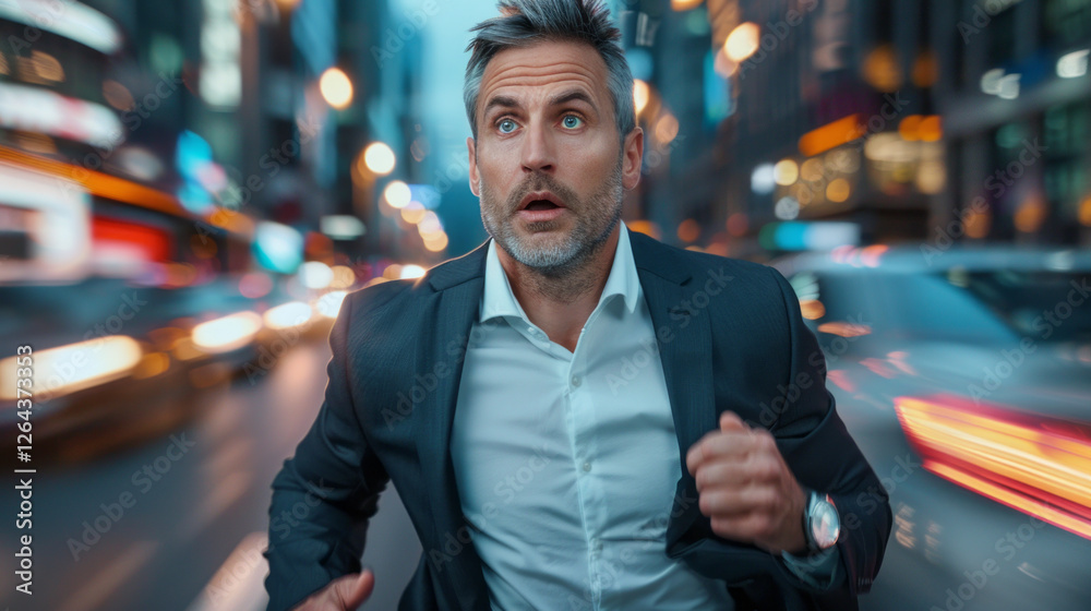 Businessman Running in City: A determined businessman in a suit sprints through a vibrant, blurred city street at night, conveying a sense of urgency and ambition. Businessman Running in City: A determined businessman in a suit sprints through a vibrant, blurred city street at night, conveying a sense of urgency and ambition.