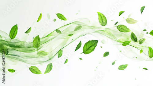 Blue wind flows, air swirls and waves with flying green leaves. Fresh wind motion with mint leaves isolated on transparent background, vector realistic illustration