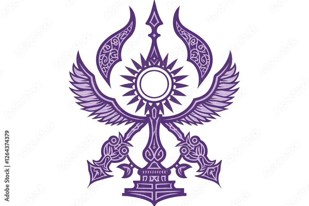 Fototapeta premium Fantasy Emblem with Arabian Lamp, Djinn, and Crescent Moon in Purple and White