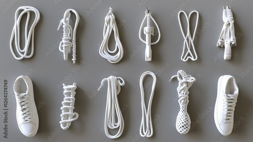 Shoe laces of heart, string, round and wavy shapes, footgear accessories, white shoelaces with eglets mockup, white ropes, decorative elements isolated on grey background, Realistic 3d vector set