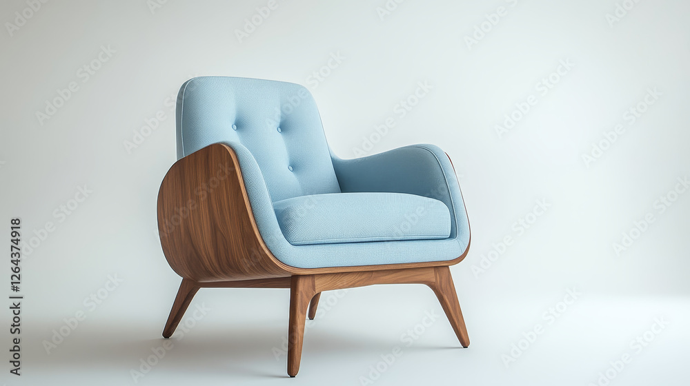 Fototapeta premium Soft wooden chair furniture cartoon element vector illustrations. Element for living room interior, blue upholstered armchair, home or office room accessory isolated on white