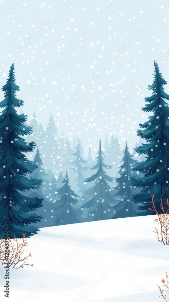 Fototapeta premium Gentle snowfall over a snow-covered pine forest, peaceful winter. Vertical