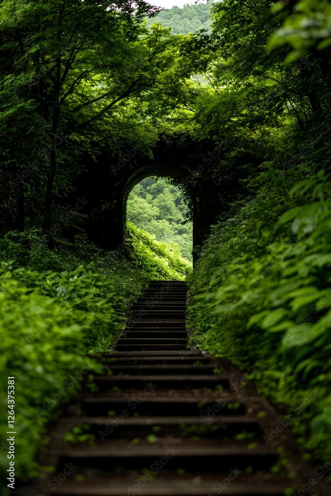 Forest passage Stone steps archway leads to green foliage. Serene, travel related Forest passage Stone steps archway leads to green foliage. Serene, travel related