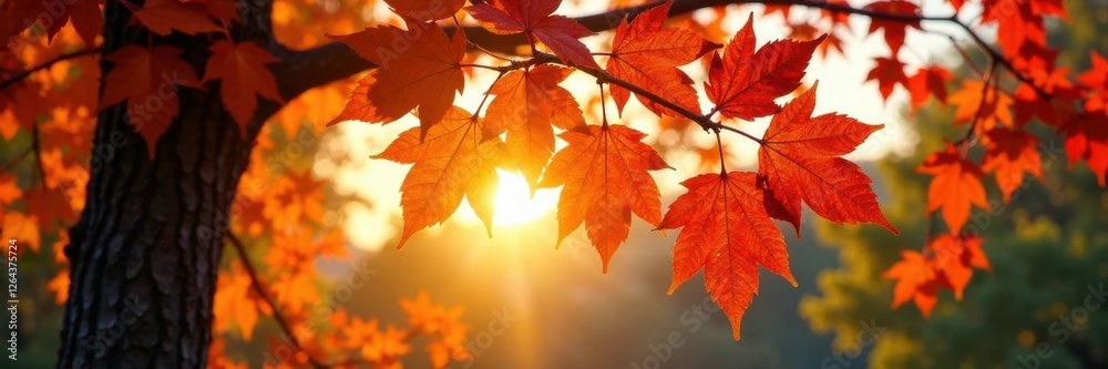 Fototapeta premium Warm sunlight filters through the branches of a colorful fall tree , warm, sunlight, natural light