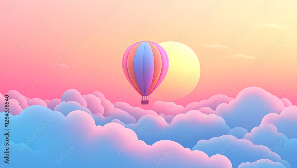 Naklejka premium A colorful hot air balloon floating above the clouds, a vector illustration in flat style