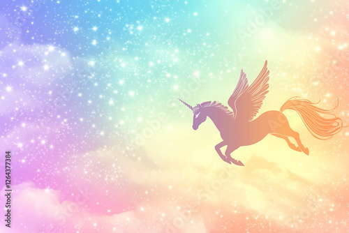 Rainbow background with winged unicorn silhouette with stars. Pastel color sky. Magical landscape, abstract fabulous pattern. Cute candy wallpaper