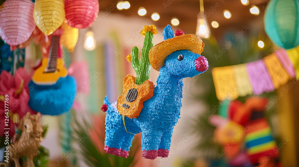 Obraz premium Mexican pinata for birthday party cartoon icon. Mexico cinco carnival game for children with candy isolated graphic. Cactus, sombrero, cube, star and guitar traditional decoration set for hitting