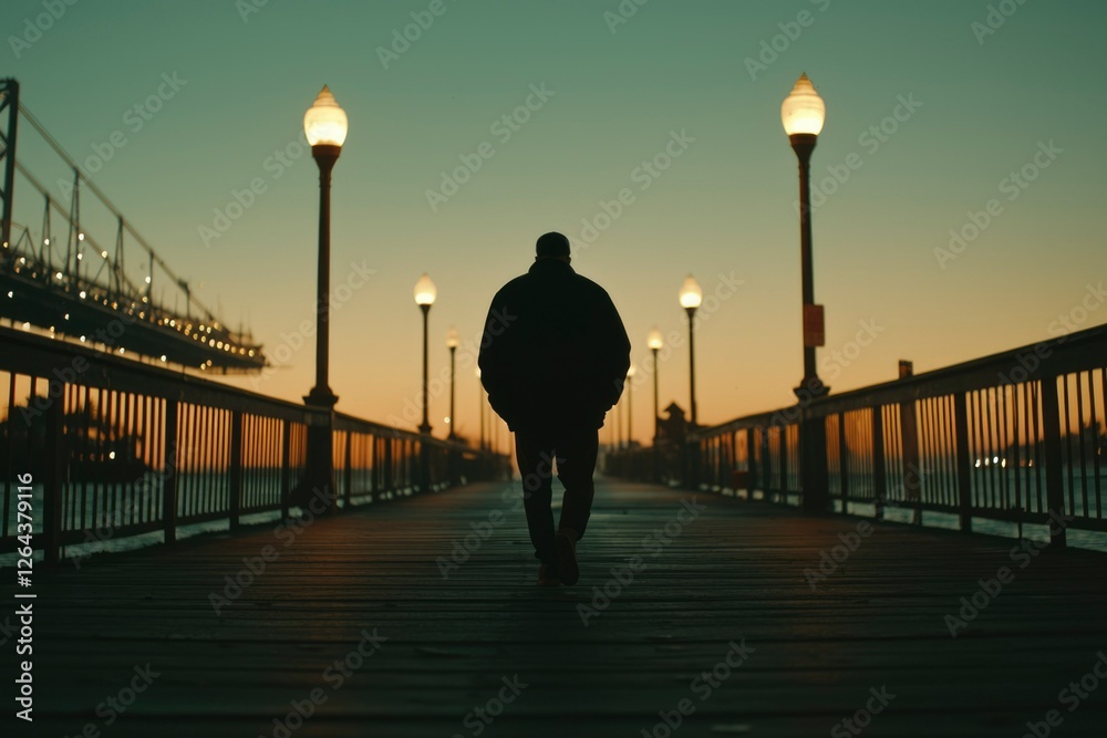 Fototapeta premium Man walks on pier at dusk by bay bridge for contemplation, self discovery