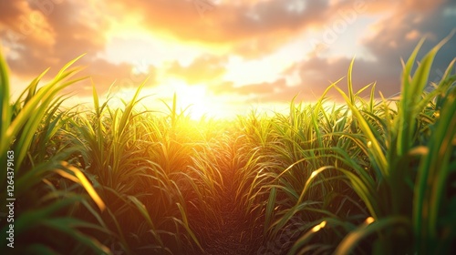 Lush green sugarcane field at sunrise, with golden light illuminating the landscape