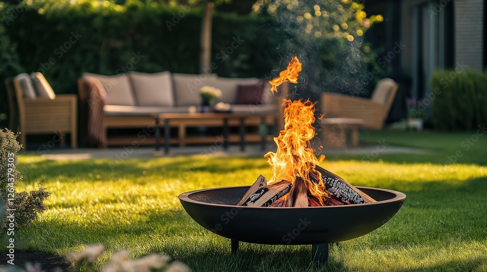 fire pit on the lawn with burning flames fire pit on the lawn with burning flames