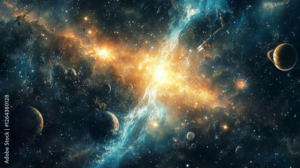 Fototapeta premium Space exploring cartoon banners with cute alien, ufo saucer, astronaut, planets, rocket or shuttle with telescope. Fantasy cosmic backgrounds with galaxy objects, vector illustration, posters set