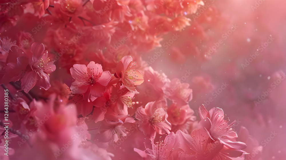 Delicate pink cherry blossoms in full bloom, softly illuminated by sunlight, creating a serene atmosphere Delicate pink cherry blossoms in full bloom, softly illuminated by sunlight, creating a serene atmosphere
